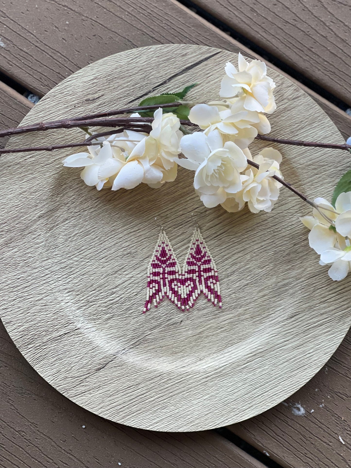 Fuchsia and Cream Beaded Earrings